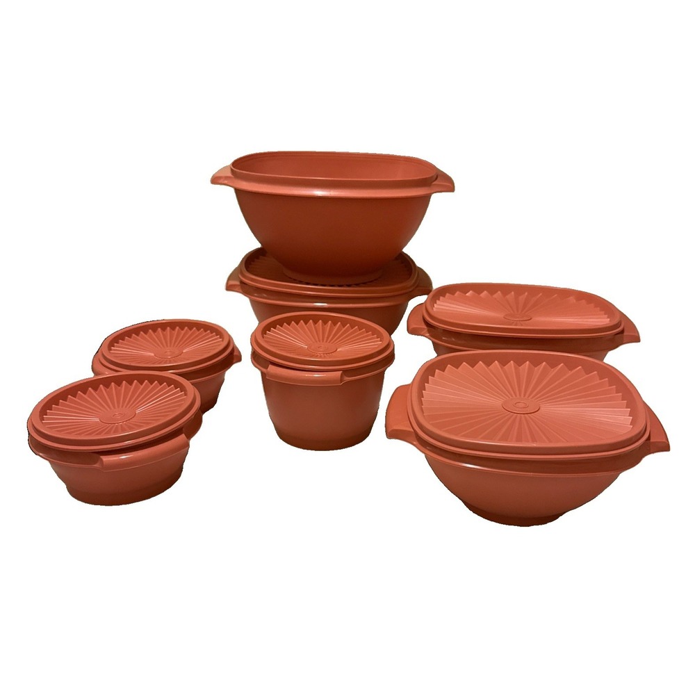 Vintage Tupperware Servalier Bowls Coral Pink Sunburst Lids Set of 7